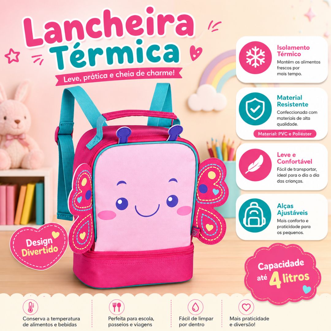 Lancheira Térmica Abelhinha Borboleta Infantil Escolar Volta as Aulas Menina Resistente Lanche - Imagem 3