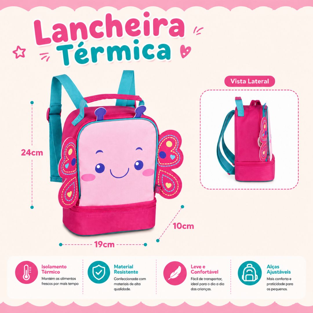 Lancheira Térmica Abelhinha Borboleta Infantil Escolar Volta as Aulas Menina Resistente Lanche - Imagem 6