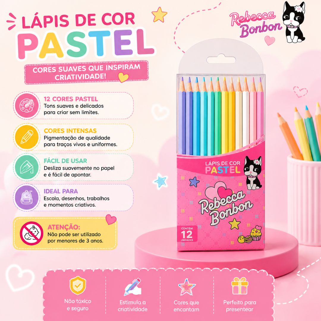 Lápis de Cor Rebecca Bonbon 12 Cores Pastel Escolar Volta Aulas Estudo Desenho Colorido Artes Pintar Colorir - Imagem 3