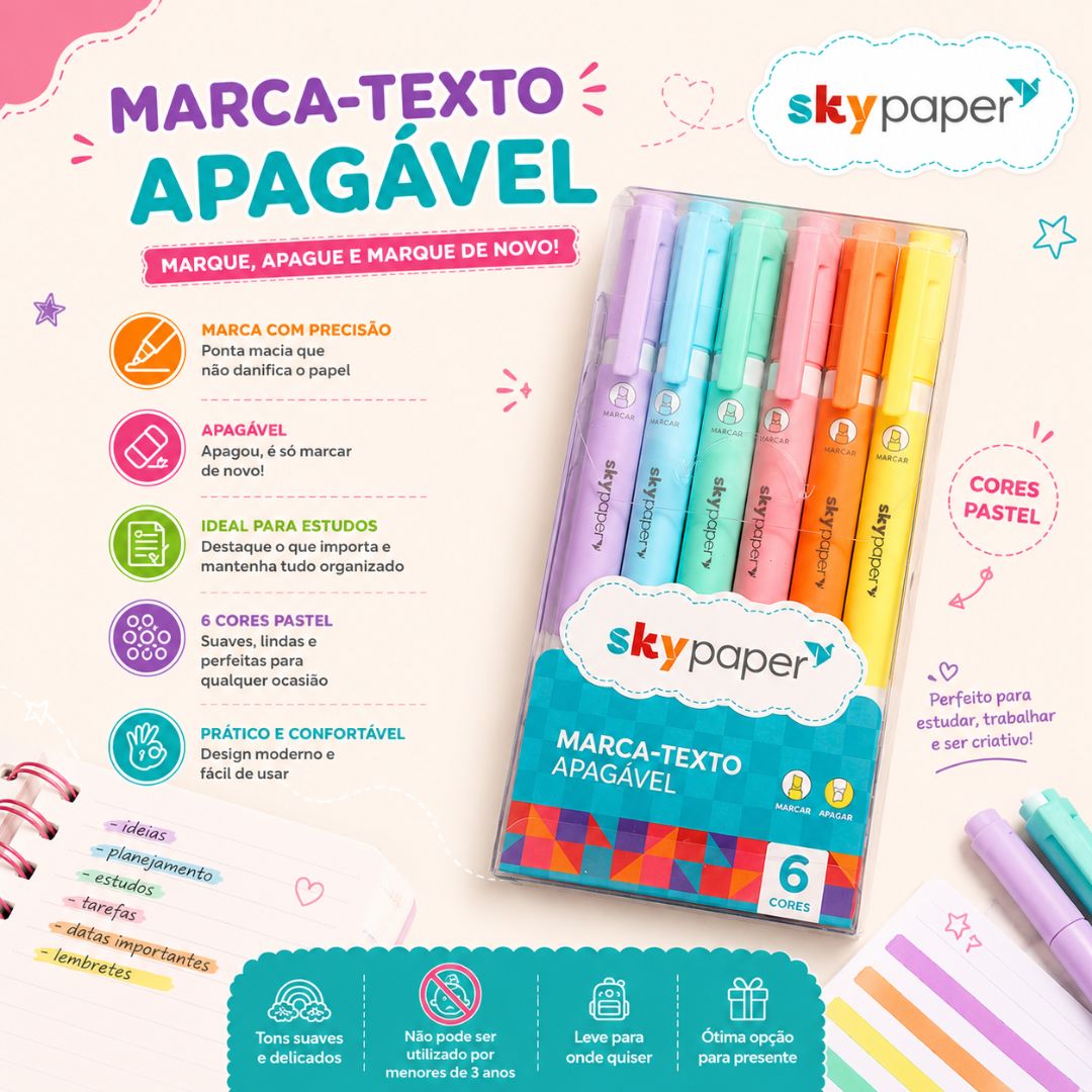 Marca Texto Apagavél 6 Cores Pastel Lilás Azul Verde Rosa Laranja Amarelo Ponta Dupla Escolar Desenho Estudo Volta Aulas - Imagem 3