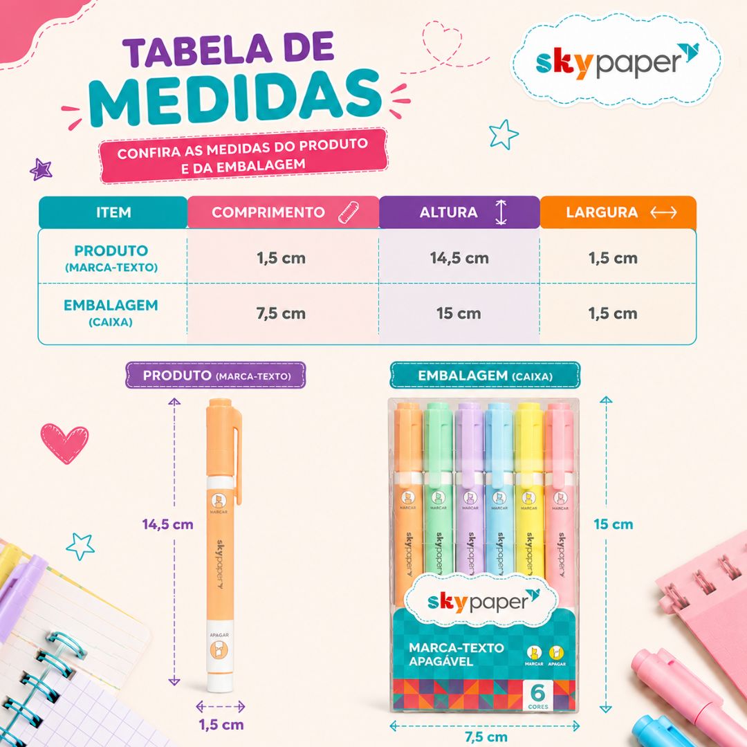 Marca Texto Apagavél 6 Cores Pastel Lilás Azul Verde Rosa Laranja Amarelo Ponta Dupla Escolar Desenho Estudo Volta Aulas - Imagem 6