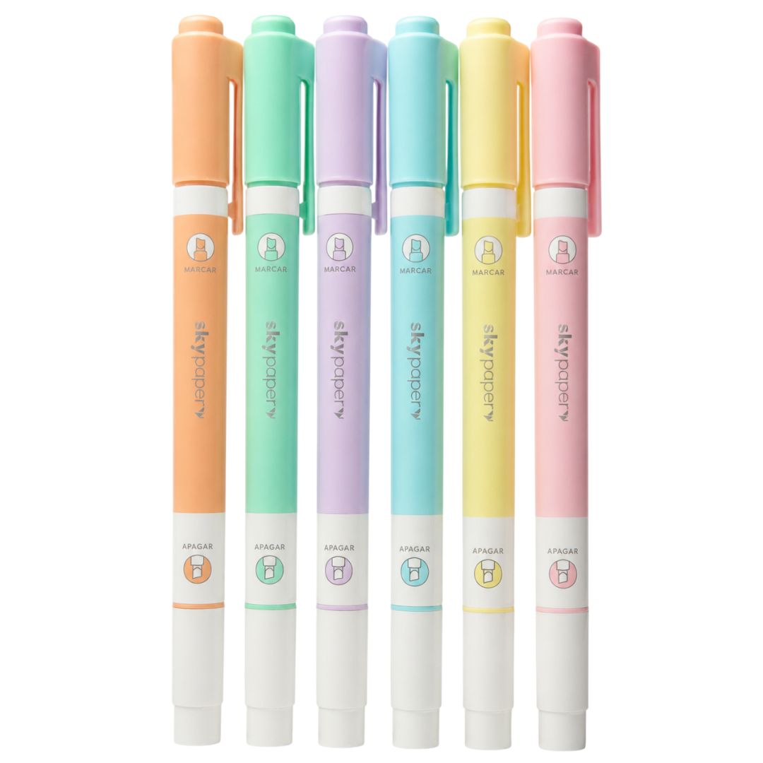 Marca Texto Apagavél 6 Cores Pastel Lilás Azul Verde Rosa Laranja Amarelo Ponta Dupla Escolar Desenho Estudo Volta Aulas - Imagem 2