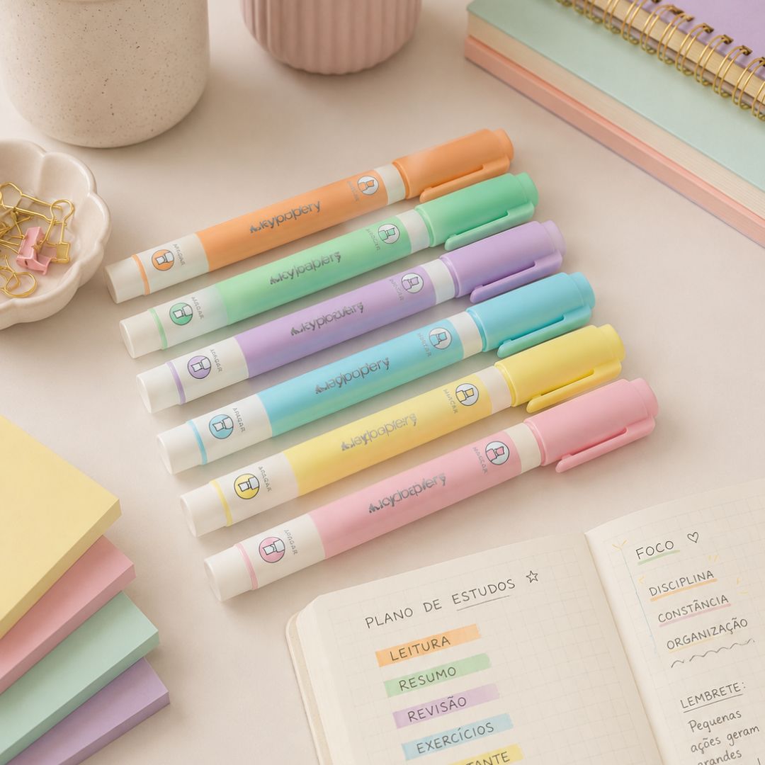 Marca Texto Apagavél 6 Cores Pastel Lilás Azul Verde Rosa Laranja Amarelo Ponta Dupla Escolar Desenho Estudo Volta Aulas - Imagem 4