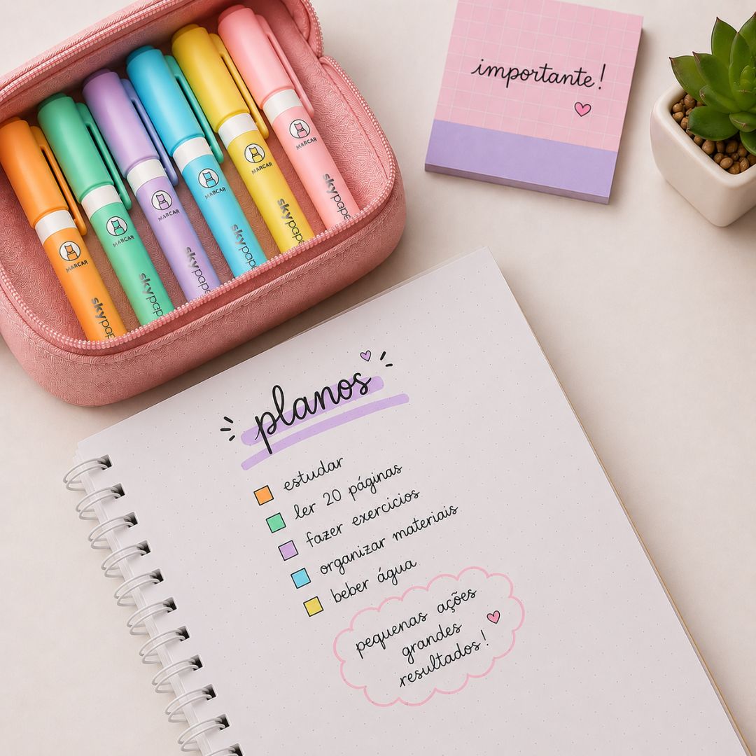 Marca Texto Apagavél 6 Cores Pastel Lilás Azul Verde Rosa Laranja Amarelo Ponta Dupla Escolar Desenho Estudo Volta Aulas - Imagem 5