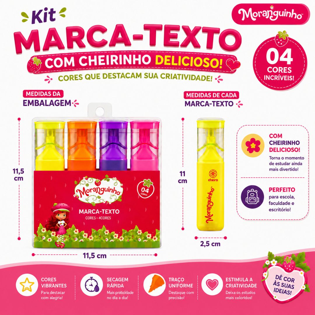 Marca Texto c/ Cheirinho 4 Cores Amarelo Laranja Roxo Rosa Moranguinho Escolar Desenho Estudo Volta Aulas - Imagem 6