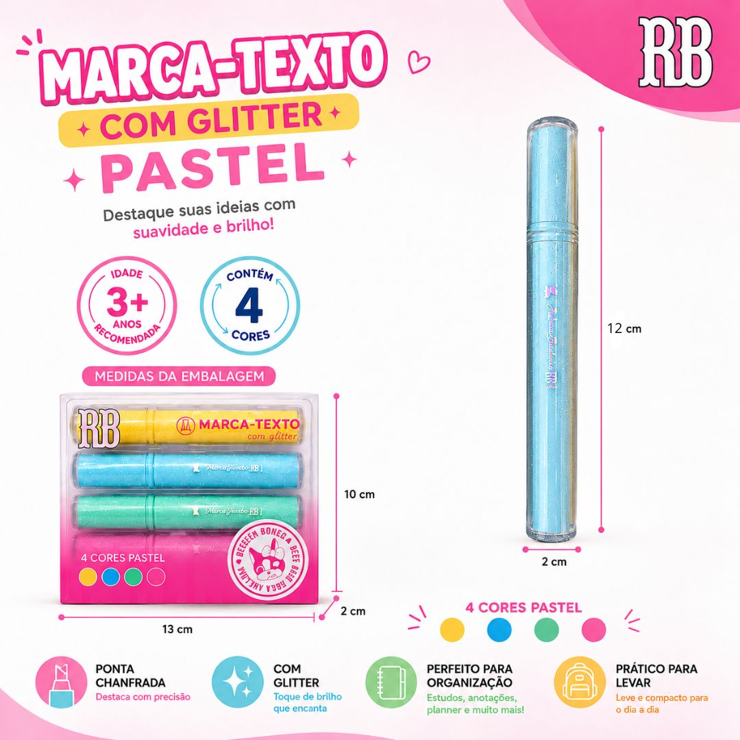 Marca Texto c/ Glitter 4 Cores Pastel Amarelo Azul Verde Água Rosa Rebecca Bonbon Escolar Desenho Estudo Volta Aulas - Imagem 5