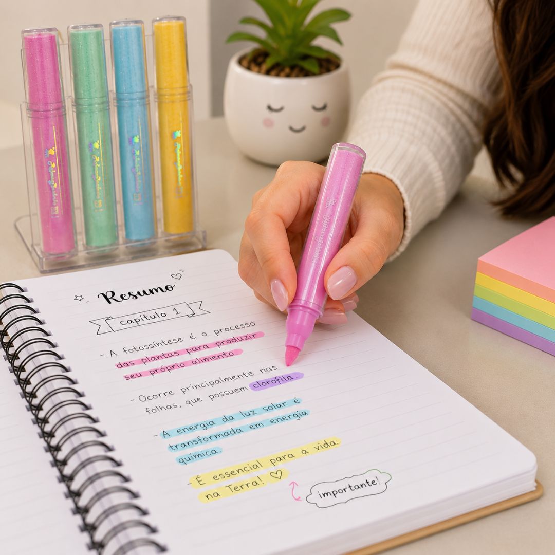 Marca Texto c/ Glitter 4 Cores Pastel Amarelo Azul Verde Água Rosa Rebecca Bonbon Escolar Desenho Estudo Volta Aulas - Imagem 3
