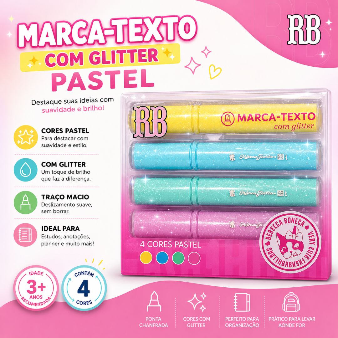 Marca Texto c/ Glitter 4 Cores Pastel Amarelo Azul Verde Água Rosa Rebecca Bonbon Escolar Desenho Estudo Volta Aulas - Imagem 2
