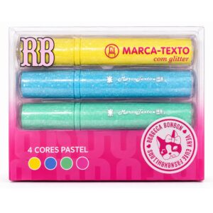 Marca Texto c/ Glitter 4 Cores Pastel Amarelo Azul Verde Água Rosa Rebecca Bonbon Escolar Desenho Estudo Volta Aulas