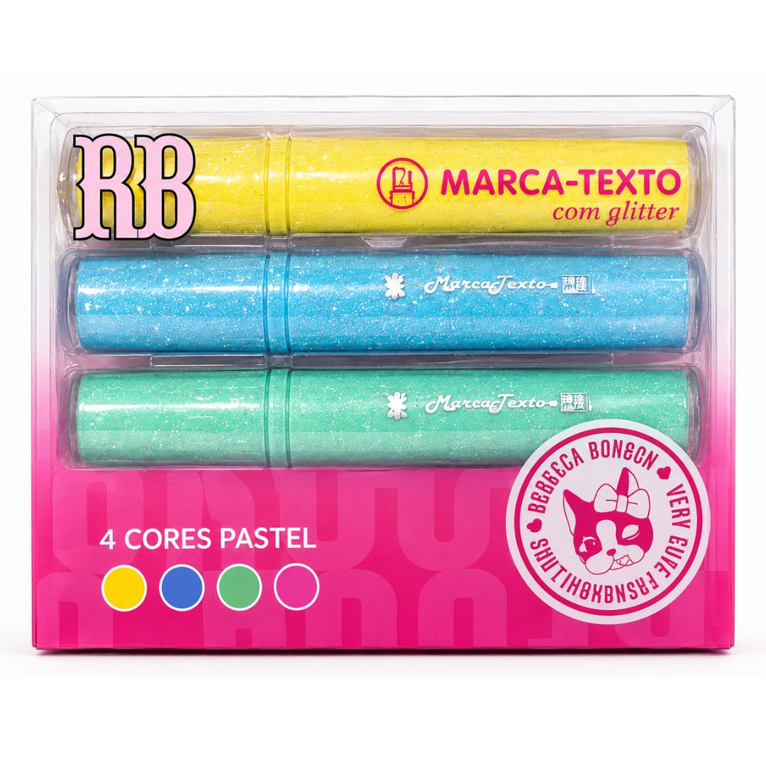 Marca Texto c/ Glitter 4 Cores Pastel Amarelo Azul Verde Água Rosa Rebecca Bonbon Escolar Desenho Estudo Volta Aulas