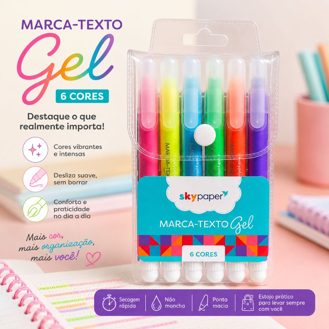 Marca Texto Gel 6 Cores Roxo Azul Verde Rosa Laranja Amarelo Escolar Desenho Estudo Volta Aulas - Imagem 2