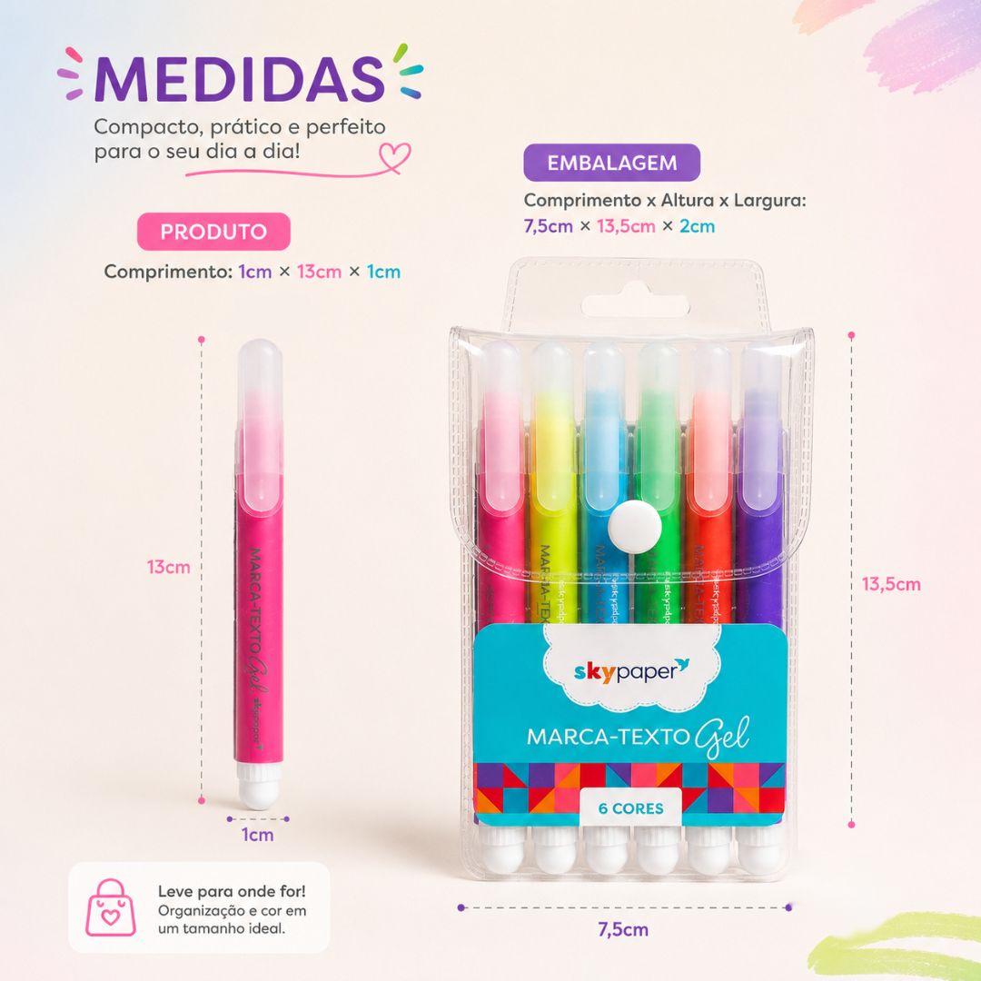 Marca Texto Gel 6 Cores Roxo Azul Verde Rosa Laranja Amarelo Escolar Desenho Estudo Volta Aulas - Imagem 6