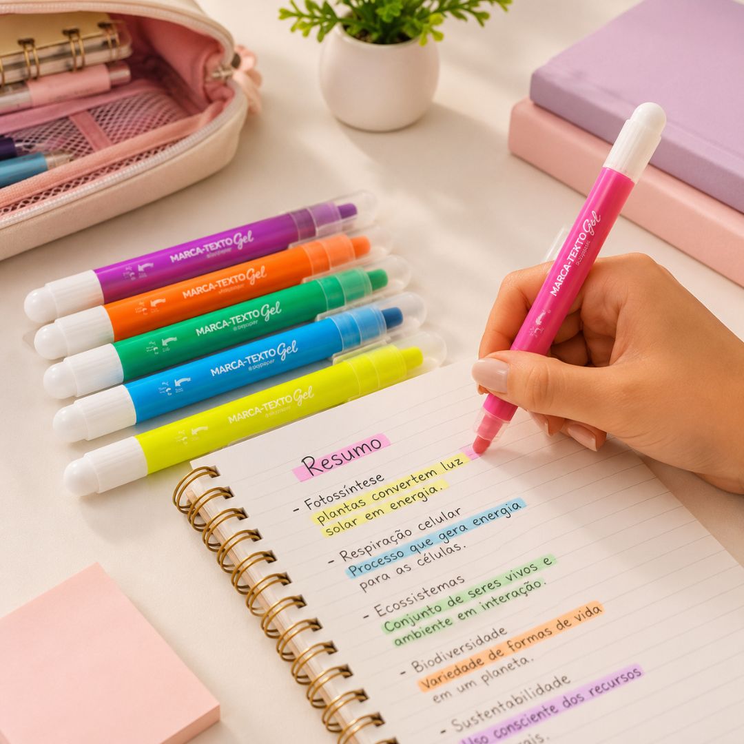 Marca Texto Gel 6 Cores Roxo Azul Verde Rosa Laranja Amarelo Escolar Desenho Estudo Volta Aulas - Imagem 3