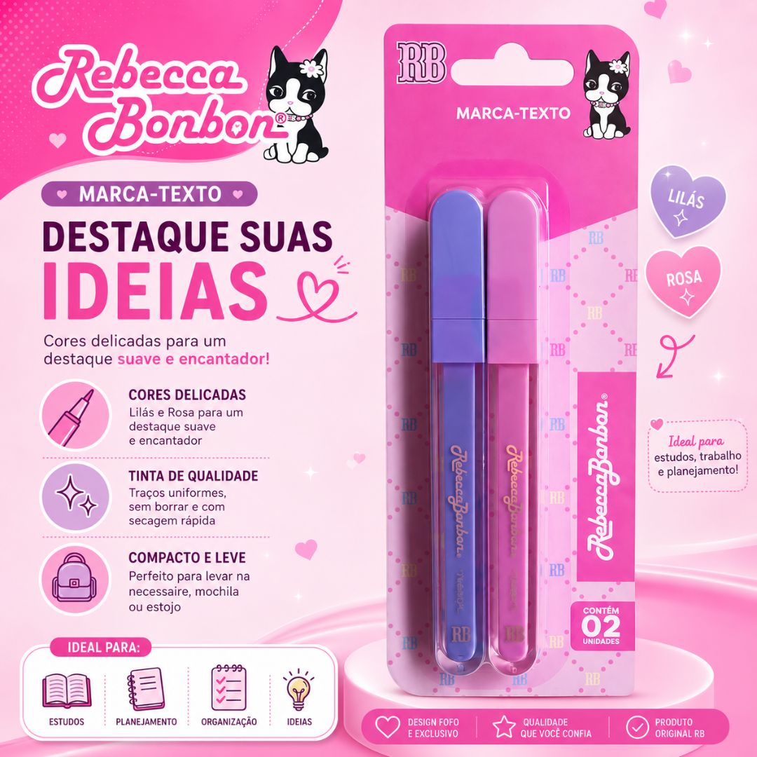 Marca Texto Rebecca Bonbon 2 Cores Pastel Lilás Rosa Escolar Desenho Estudo Ilustração Criativo Volta Aulas - Imagem 2