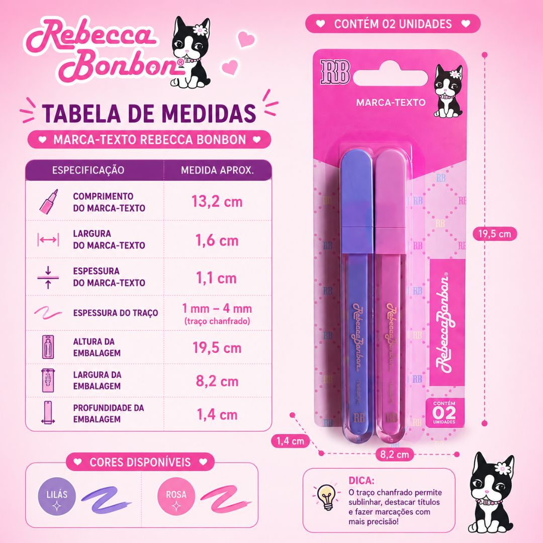 Marca Texto Rebecca Bonbon 2 Cores Pastel Lilás Rosa Escolar Desenho Estudo Ilustração Criativo Volta Aulas - Imagem 3