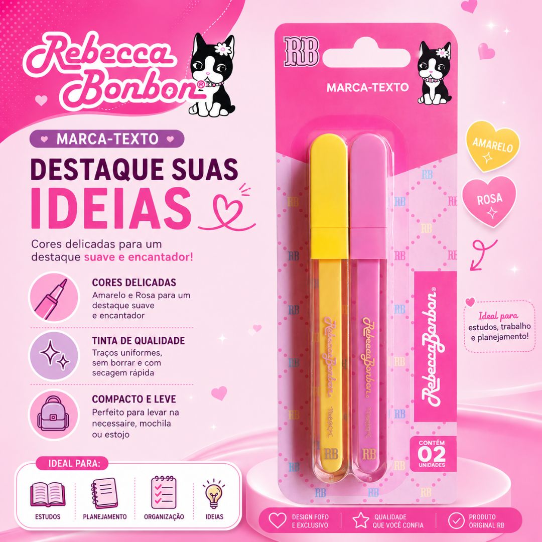 Marca Texto Rebecca Bonbon 2 Cores Pastel Rosa Amarelo Escolar Desenho Estudo Ilustração Criativo Volta Aulas Organizaçã - Imagem 2