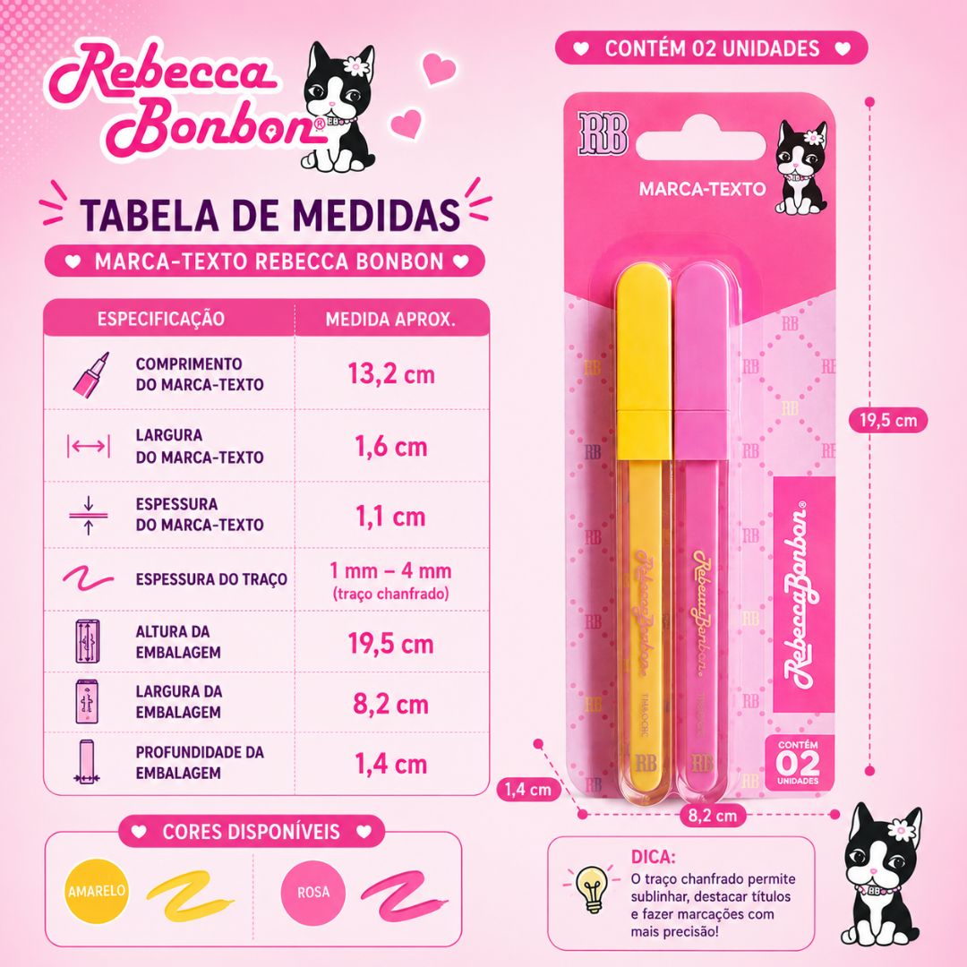 Marca Texto Rebecca Bonbon 2 Cores Pastel Rosa Amarelo Escolar Desenho Estudo Ilustração Criativo Volta Aulas Organizaçã - Imagem 3