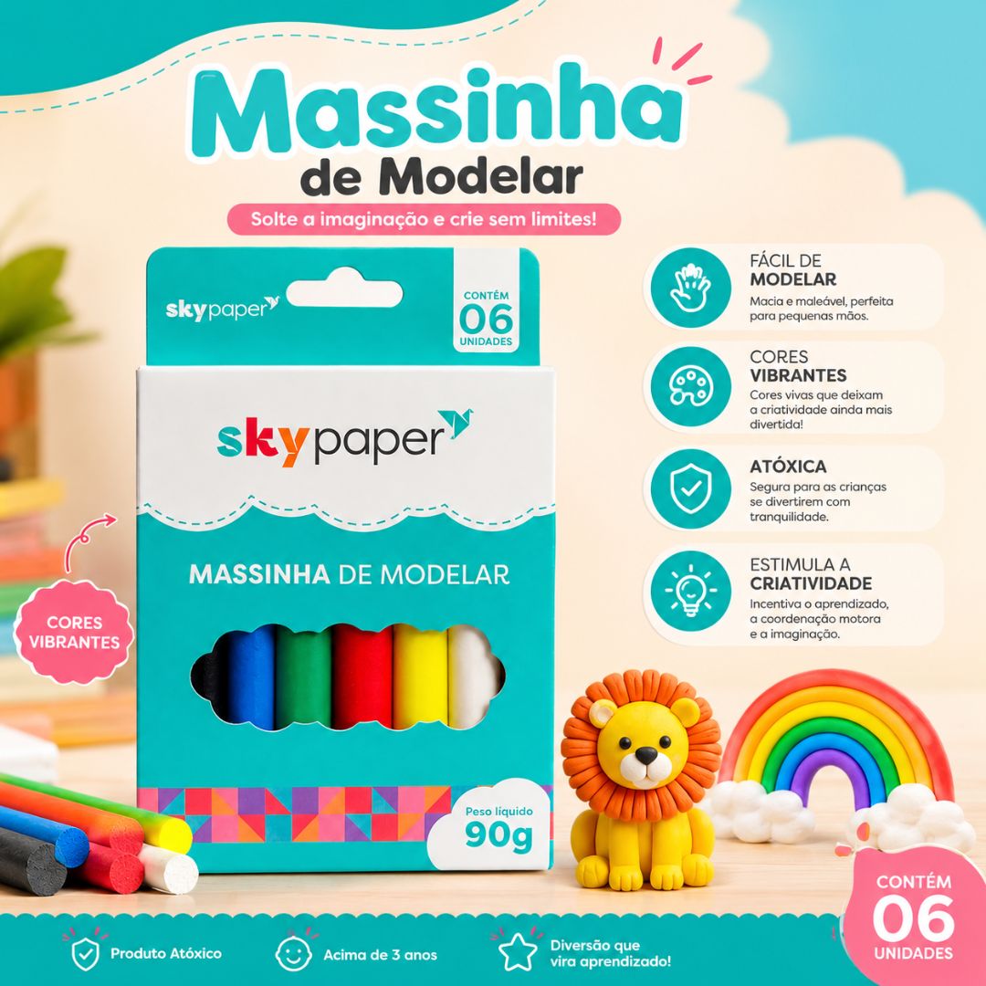 Massinha de Modelar Infantil 6 Cores 90g Material Escolar Brinquedo Educativo Volta às Aulas Criança Brincar - Imagem 2