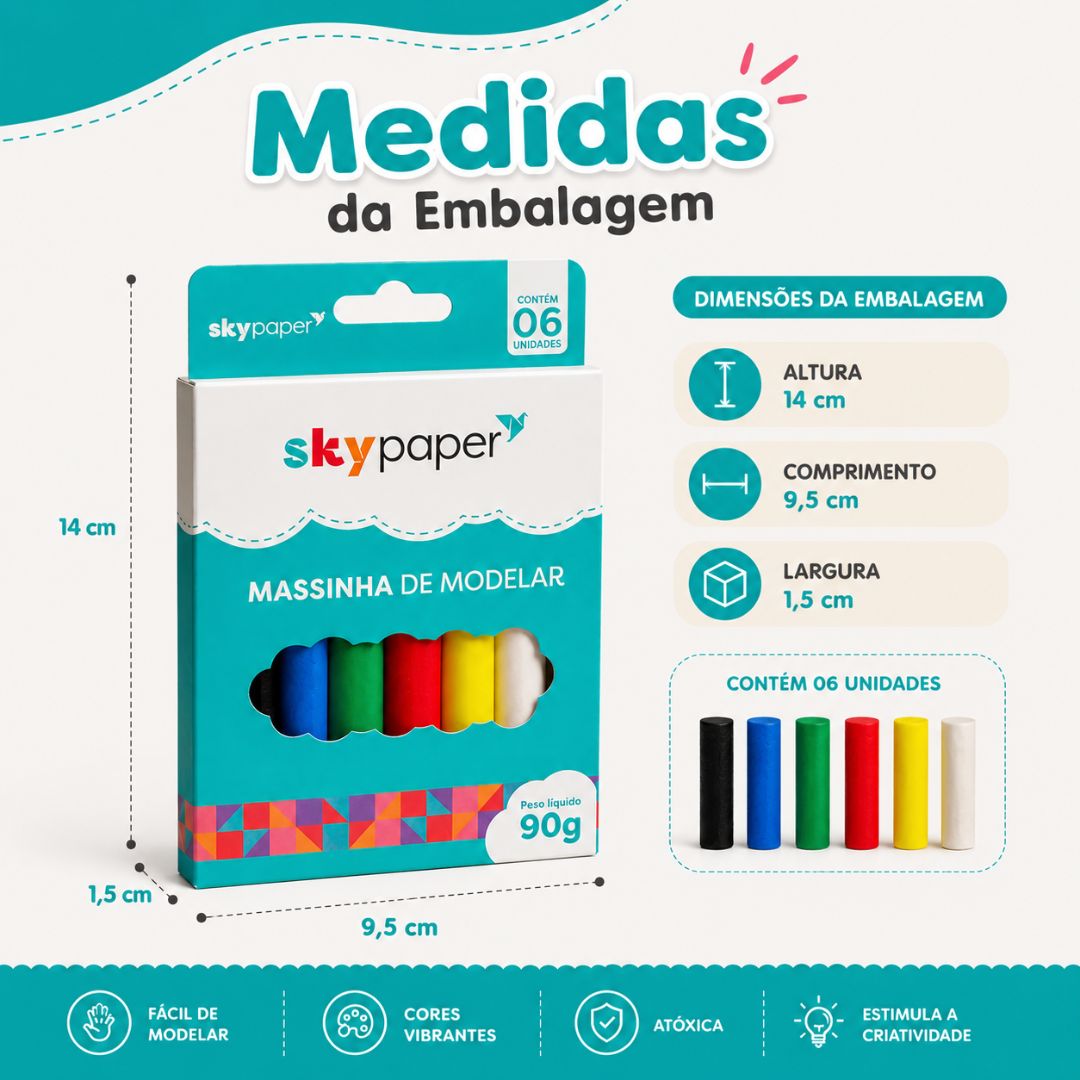 Massinha de Modelar Infantil 6 Cores 90g Material Escolar Brinquedo Educativo Volta às Aulas Criança Brincar - Imagem 5