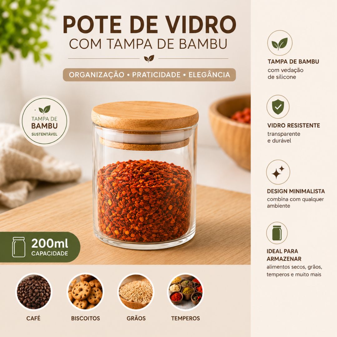Pote De Vidro 200ml Hermético Tampa Bambu Vedação em Silicone Temperos Organização Cozinha Multiuso Redondo - Imagem 2