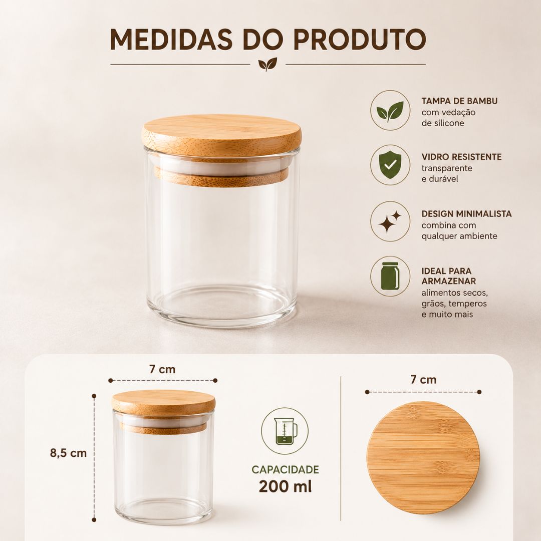 Pote De Vidro 200ml Hermético Tampa Bambu Vedação em Silicone Temperos Organização Cozinha Multiuso Redondo - Imagem 5