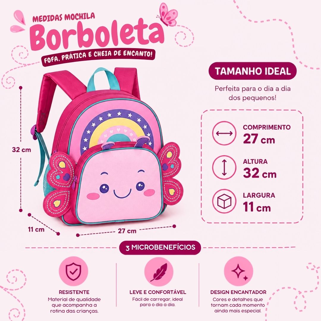 Mochila de Costas Infantil Abelhinha Borboleta Escolar Passeio Criança Viagem Volta as Aulas - Imagem 9