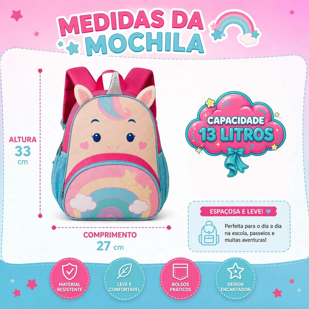 Mochila de Costas Unicórnio Infantil 13L Escolar Volta as Aulas Menina Passeio Viagem Resistente - Imagem 6