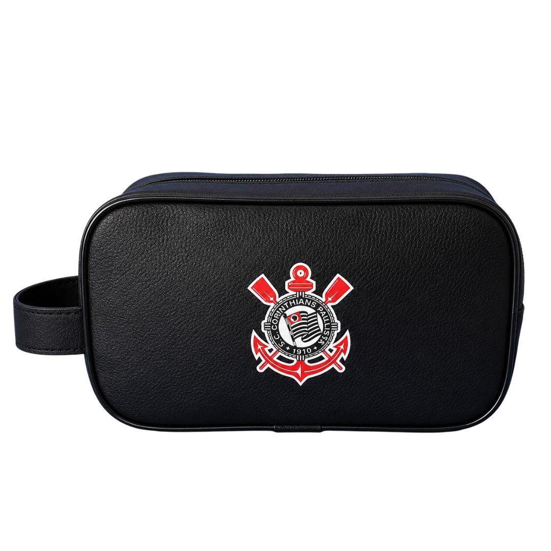 Necessaire Corinthians Preta Simbolo Pai Amigo Presente Alça Timão Futebol Torcedor Viagem Higiene Organizador