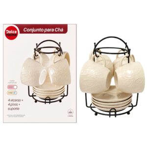 Conjunto de 4 xícaras para Chá Pires Creme 200ml Cerâmica Café Chá Mesa Posta Resistente Sofisticado Presente Amiga Mãe