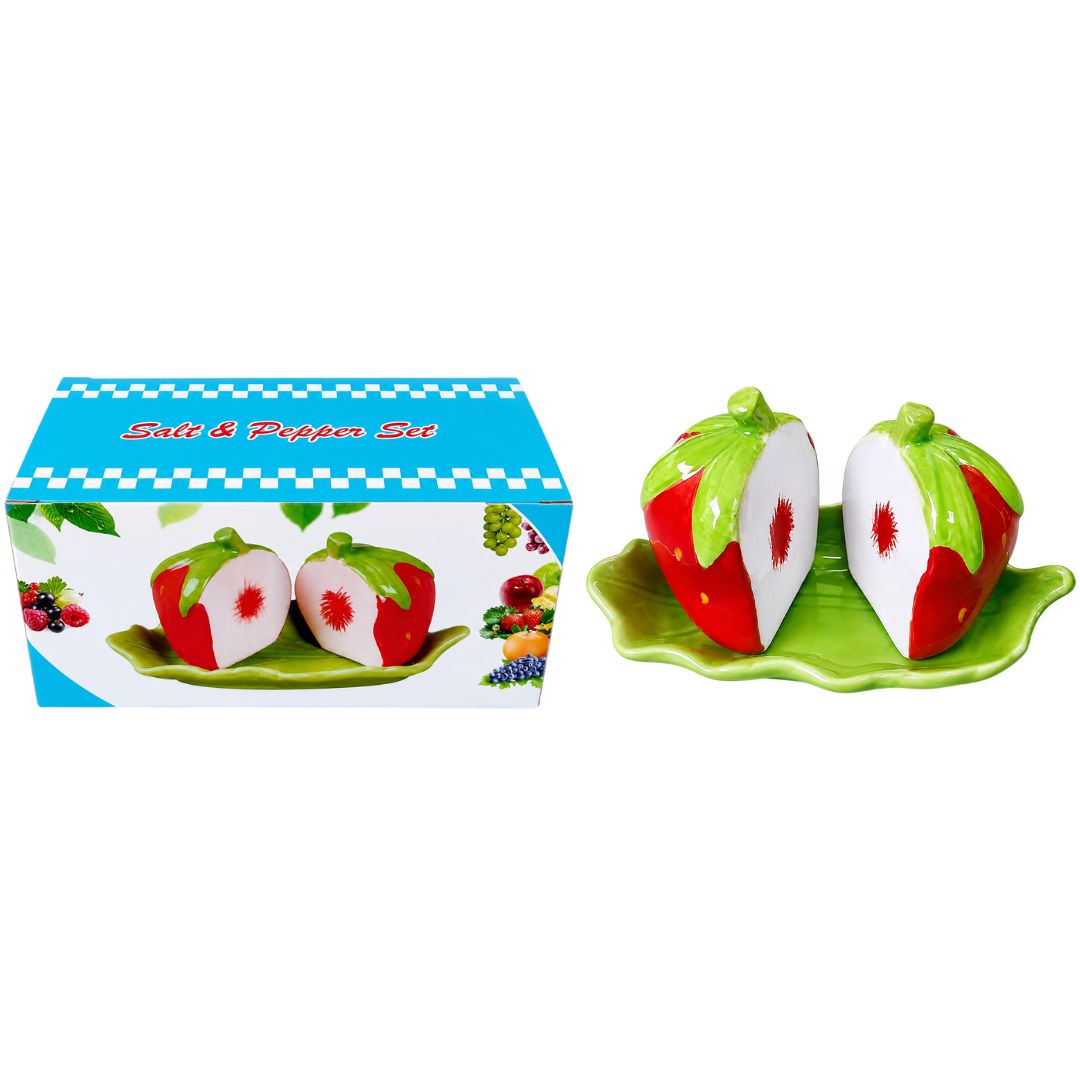 Conjunto de Saleiro e Pimenteiro Bandeja 3 Peças Cerâmica Morango Utensílio Cozinha Decoração Mesa Temperos Presente