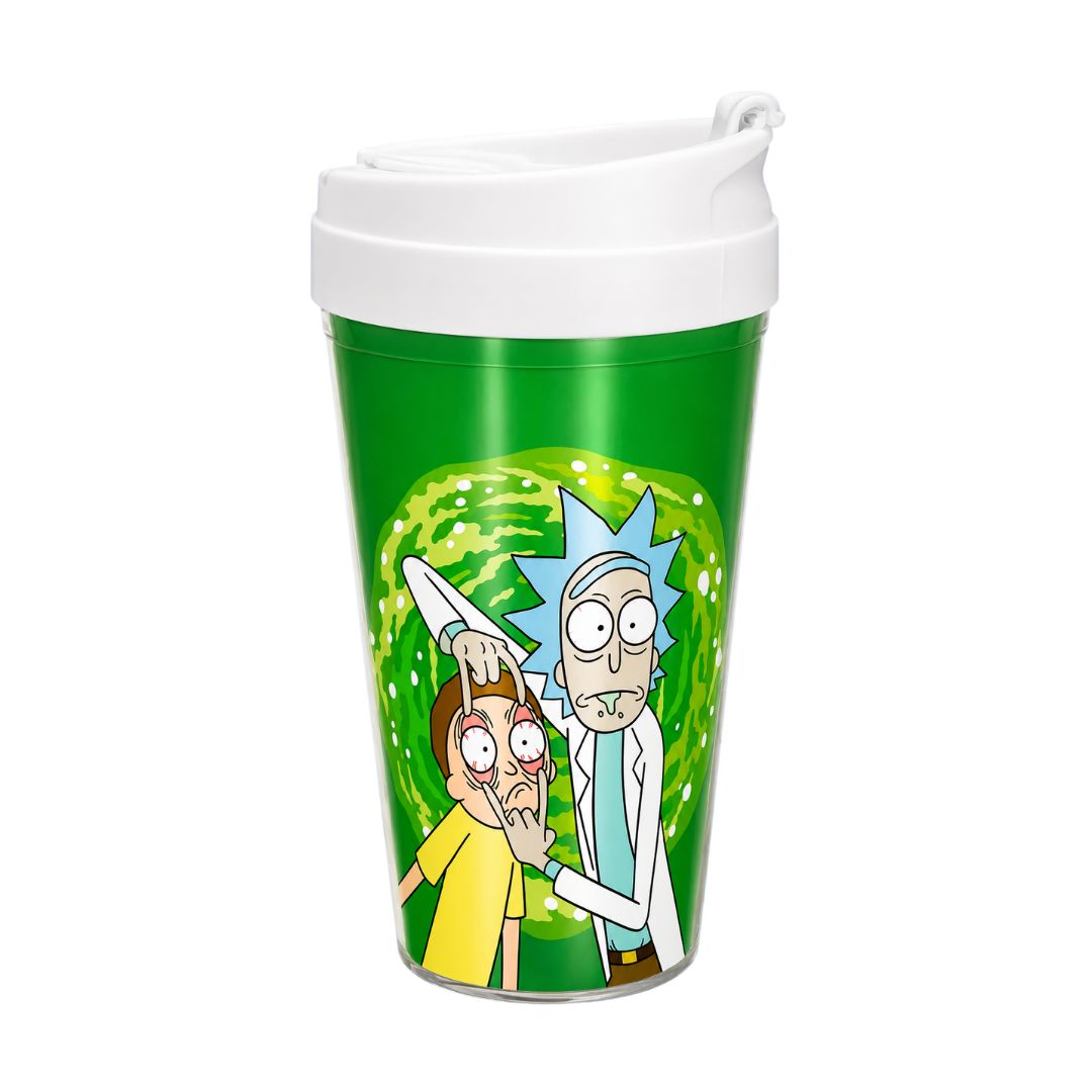 Copo Viagem Rick And Morty Portal Verde 550ml Presente Bebidas Café Série Geek Tampa Branca