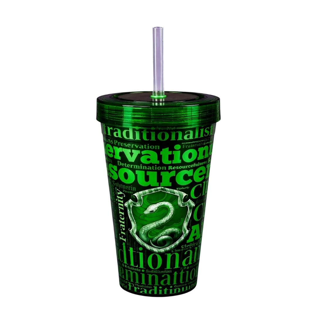 Copo c/ Canudo Sonserina Slytherin Frases Brasão Harry Potter 520ml Verde Bebidas Presente Tampa Hogwarts
