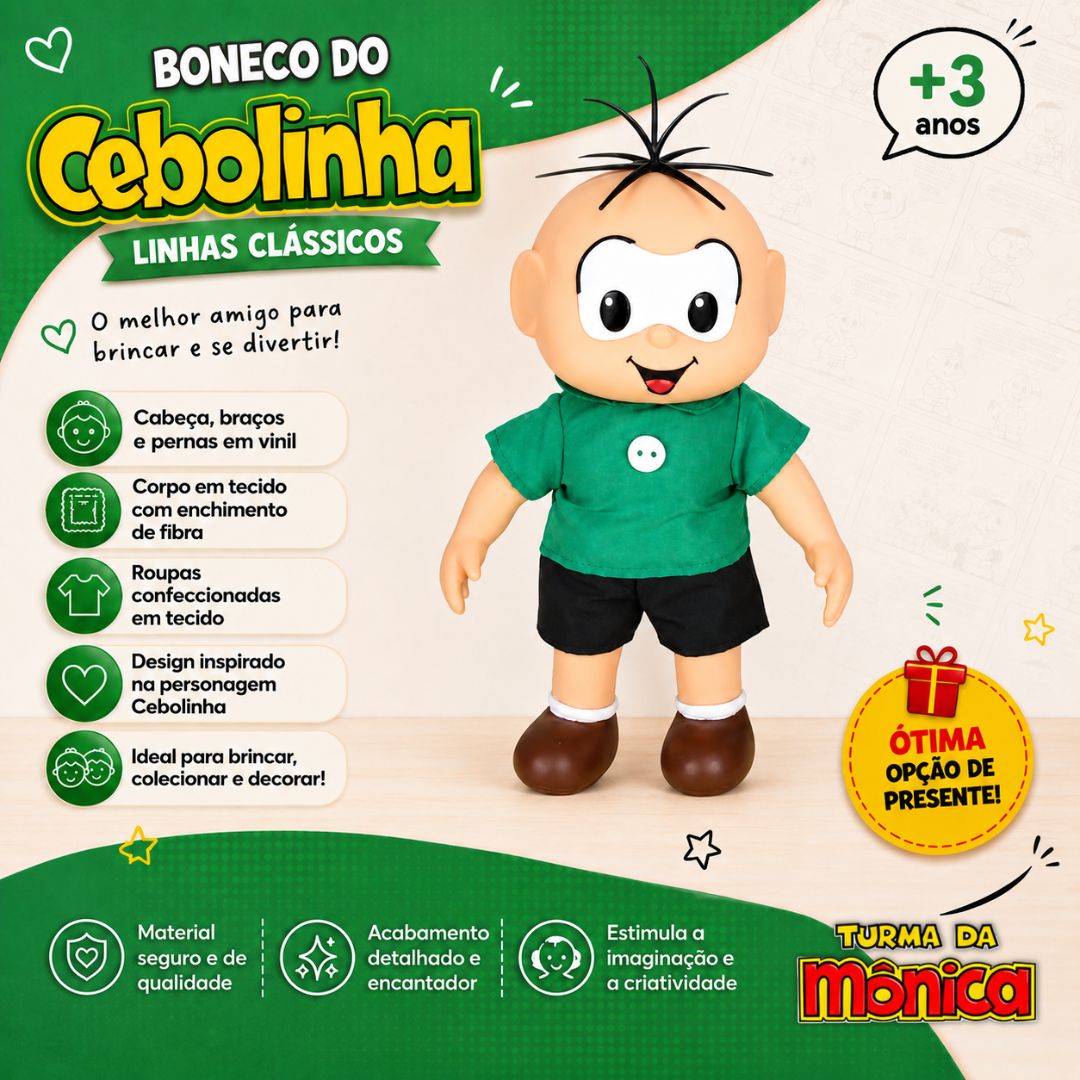 Boneco Cebolinha Clássicos Turma da Mônica Brinquedo Infantil Baby Brink Presente Menino Criança Colecionável - Imagem 2