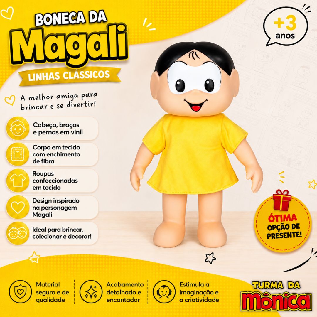 Boneca Magali Clássicos Turma da Mônica Brinquedo Infantil Baby Brink Presente Menina Criança Colecionável - Imagem 2