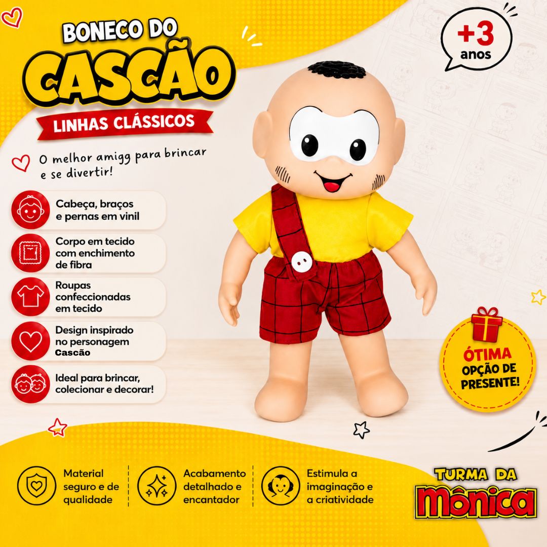 Boneco Cascão Clássicos Turma da Mônica Brinquedo Infantil Baby Brink Presente Menino Criança Colecionável - Imagem 2