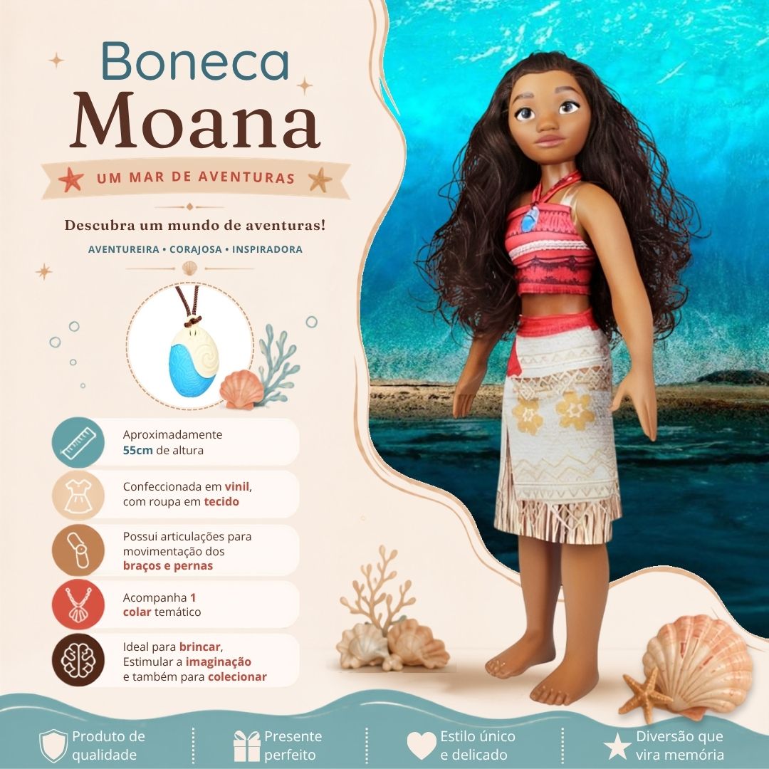 Boneca Moana Mini My Size Disney Articulada Colar Temático Brinquedo Infantil Presente Brincar Criança - Imagem 2