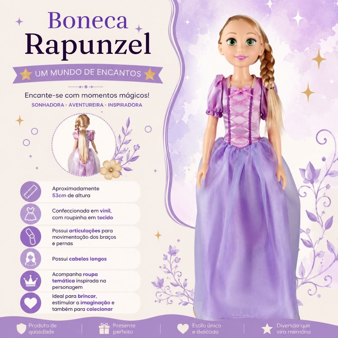 Boneca Rapunzel Mini My Size Disney Infantil Brinquedo Princesa Criança Presente Articulada Brincar - Imagem 2