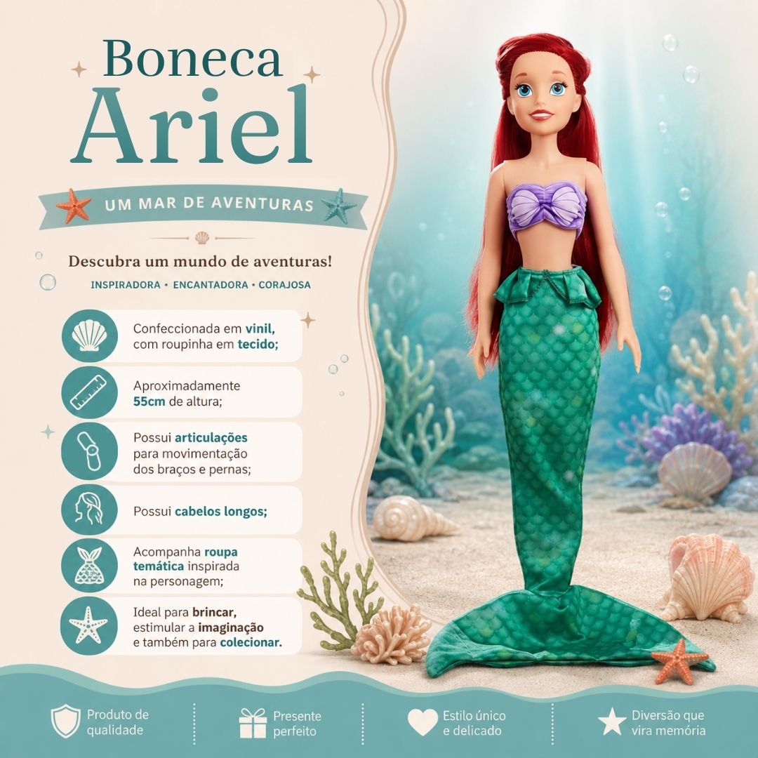 Boneca Ariel Mini My Size Disney Infantil Brinquedo Sereia Princesa Criança Presente Articulada Brincar - Imagem 2