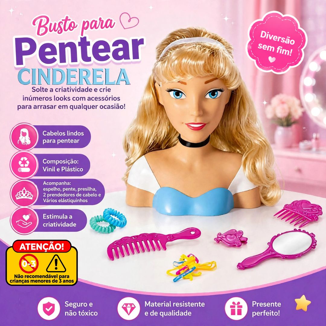 Boneca Busto Styling Head Princesa Cinderela Disney Infantil Pentear Cabelo Brinquedo Menina Criança Presente Acessórios - Imagem 2
