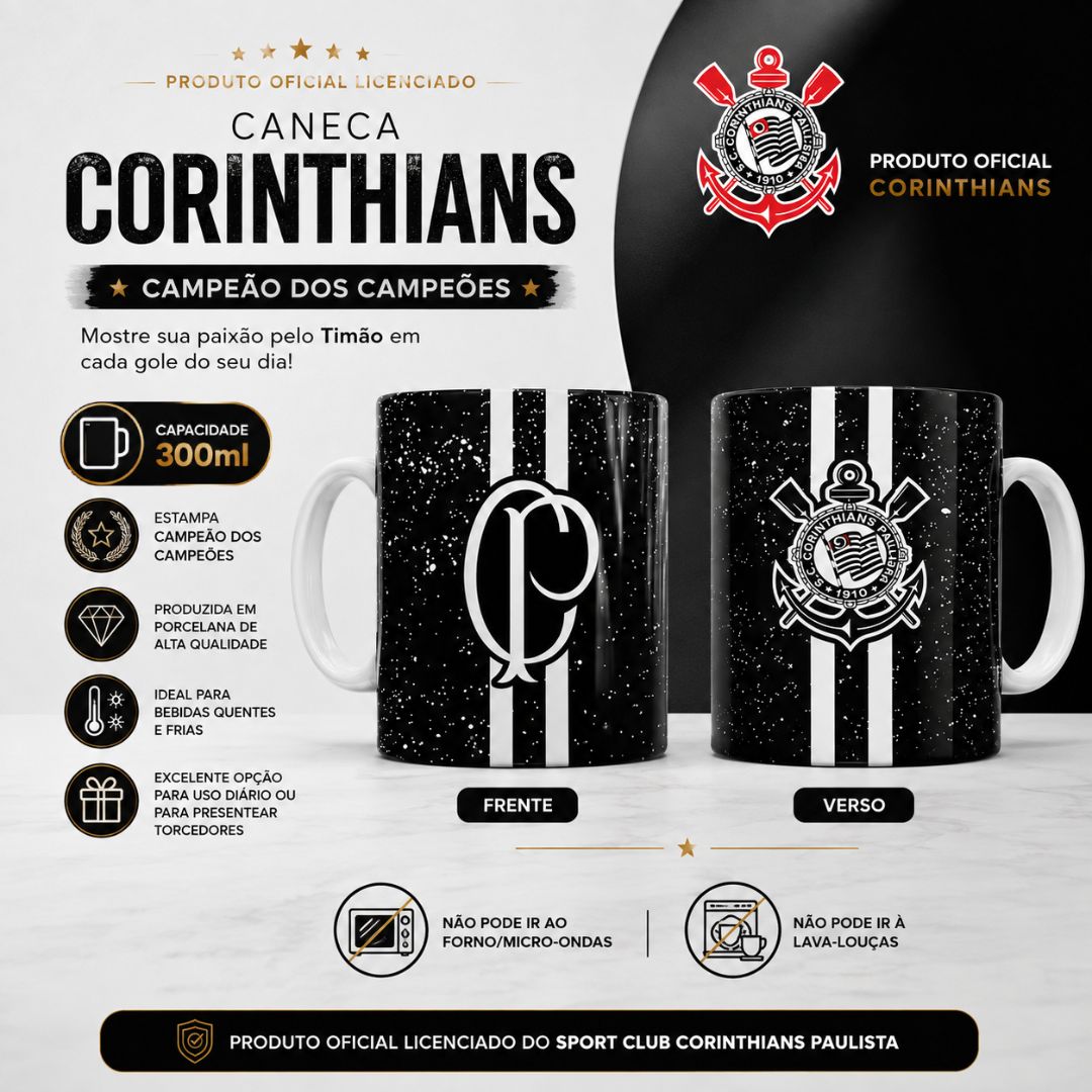 Caneca Corinthians 300ml Campeão Dos Campeões Cerâmica Timao Preto Pai Futebol Presente Oficial - Imagem 2