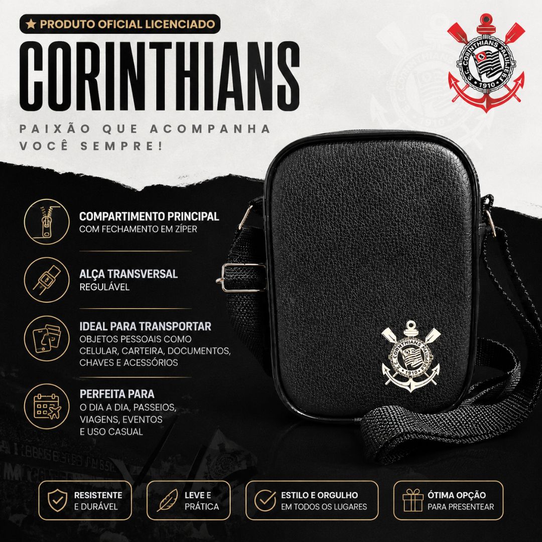 Shoulder Bag Mini Corinthians Preto Transversal Pai Amigo Presente Timão Futebol Torcedor Acessórios Pochete Bolsa - Imagem 2