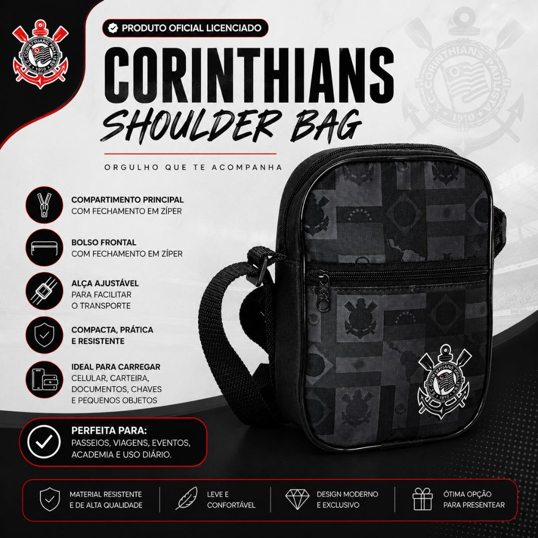 Shoulder Bag Sccp Corinthians Preto PaísesTransversal Pai Amigo Presente Timão Futebol Torcedor Acessórios Pochete Bolsa - Imagem 2