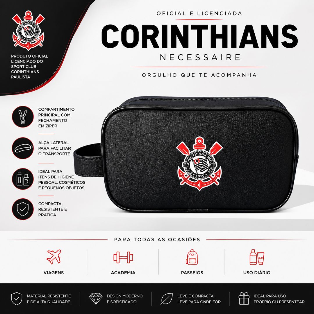 Necessaire Corinthians Preta Simbolo Pai Amigo Presente Alça Timão Futebol Torcedor Viagem Higiene Organizador - Imagem 2