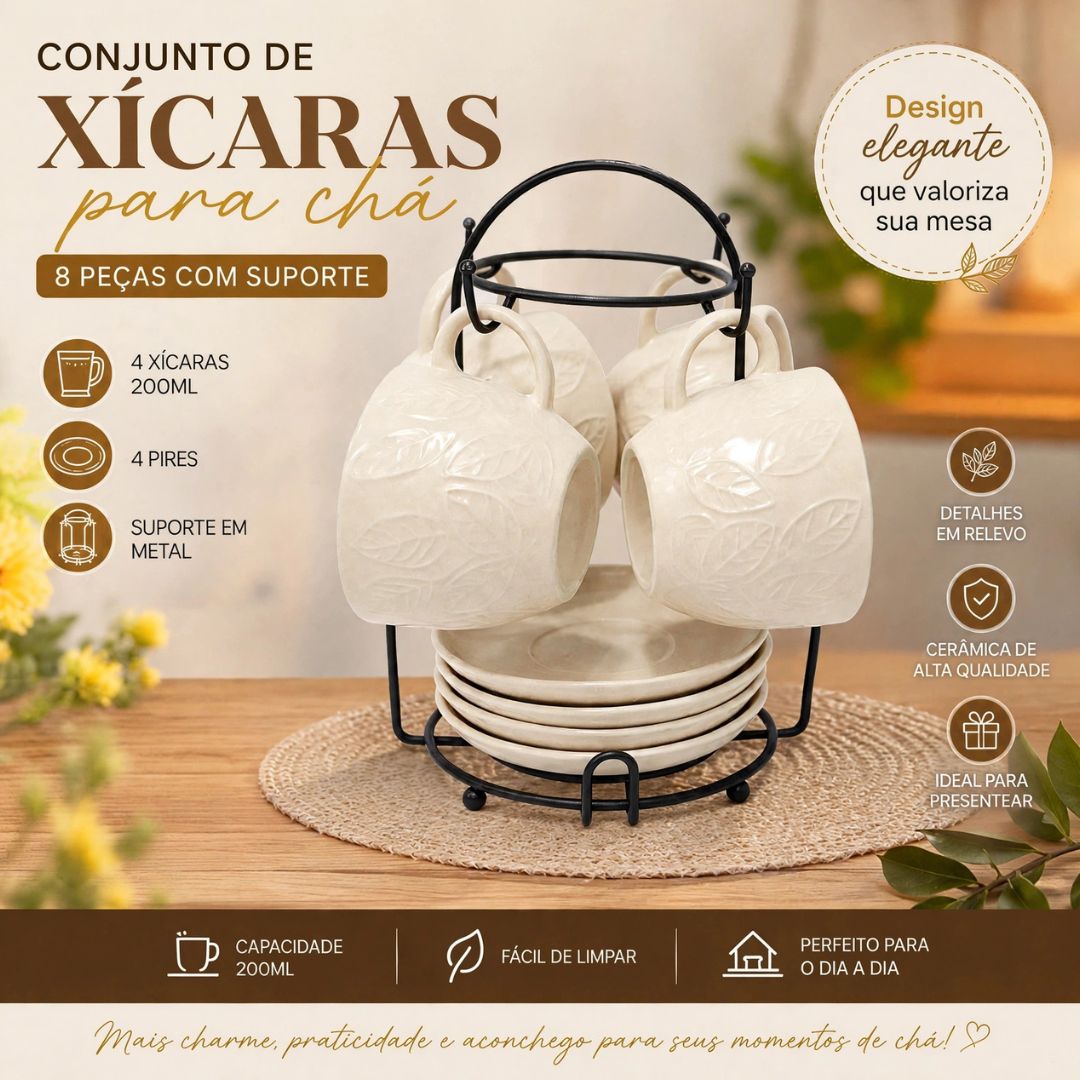 Conjunto de 4 xícaras para Chá Pires Creme 200ml Cerâmica Café Chá Mesa Posta Resistente Sofisticado Presente Amiga Mãe - Imagem 2