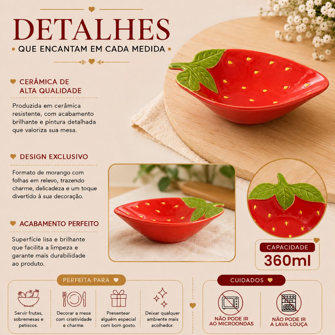 Bowl Formato Morango De Cerâmica 20cm Vermelho Sobremesa Petiscos Cozinha Molhos Jantar Presente Mesa Posta - Imagem 2