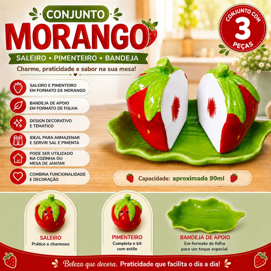 Conjunto de Saleiro e Pimenteiro Bandeja 3 Peças Cerâmica Morango Utensílio Cozinha Decoração Mesa Temperos Presente - Imagem 2