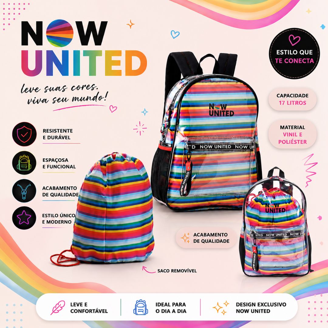 Mochila de Costas Escolar Notebook Banda Now United Arco Iris Rock Pop Transparente Now United - Imagem 2