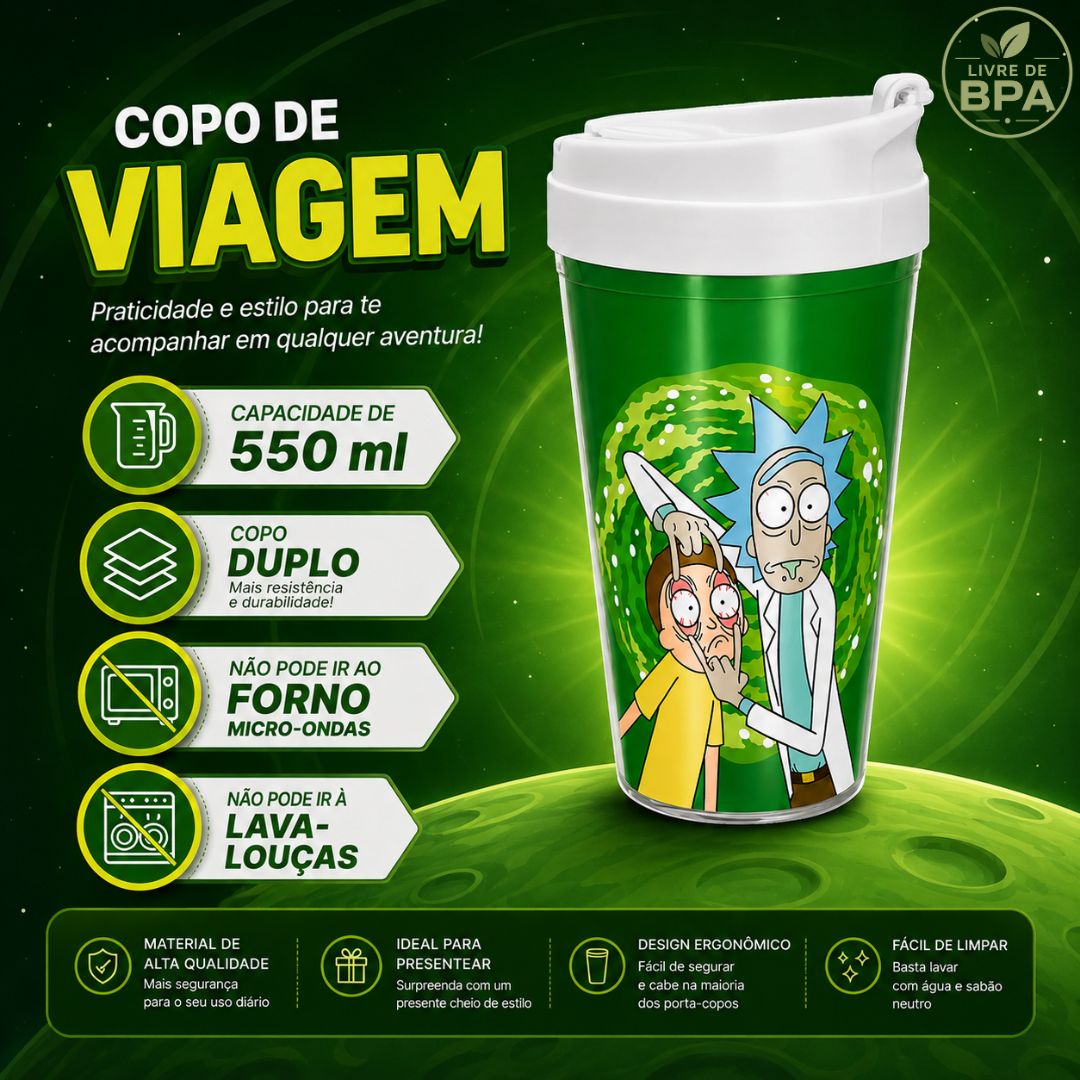 Copo Viagem Rick And Morty Portal Verde 550ml Presente Bebidas Café Série Geek Tampa Branca - Imagem 2