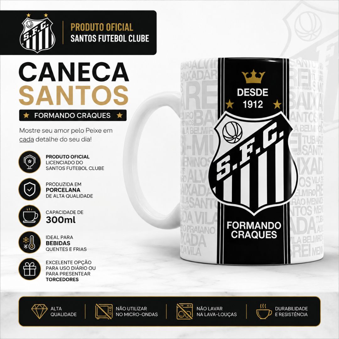 Caneca Santos 300ml Formando Craques Torcida Jovem Branco Pai Futebol Peixe Presente - Imagem 2