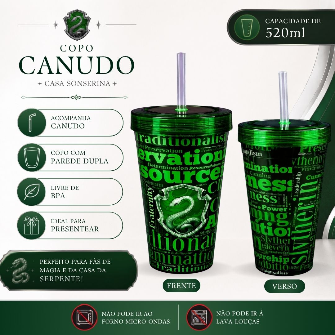 Copo c/ Canudo Sonserina Slytherin Frases Brasão Harry Potter 520ml Verde Bebidas Presente Tampa Hogwarts - Imagem 2